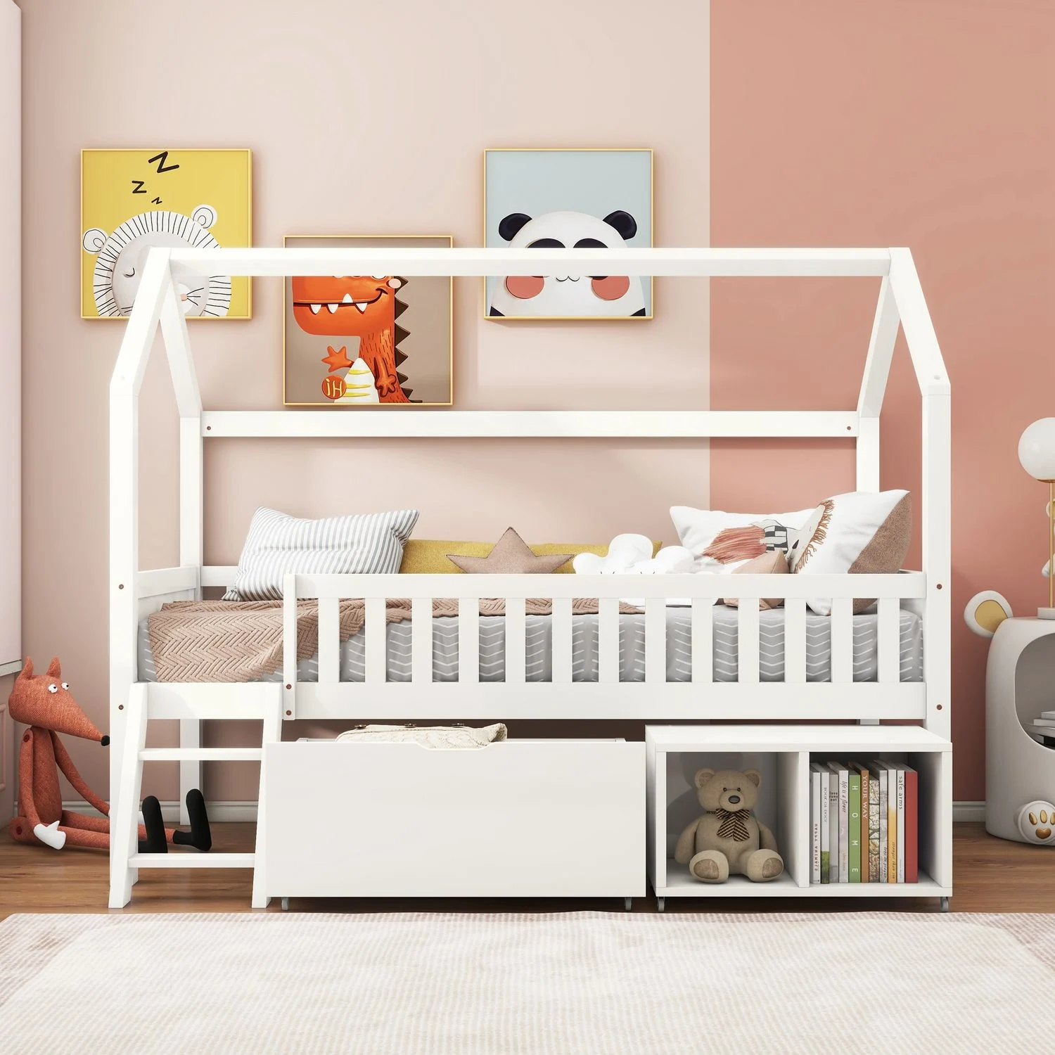 Kinderbett Hausform 90x200 cm aus Kiefernholz mit Rausfallschutz, Stauraum und kleiner Treppe im Baumhausstil,Beige