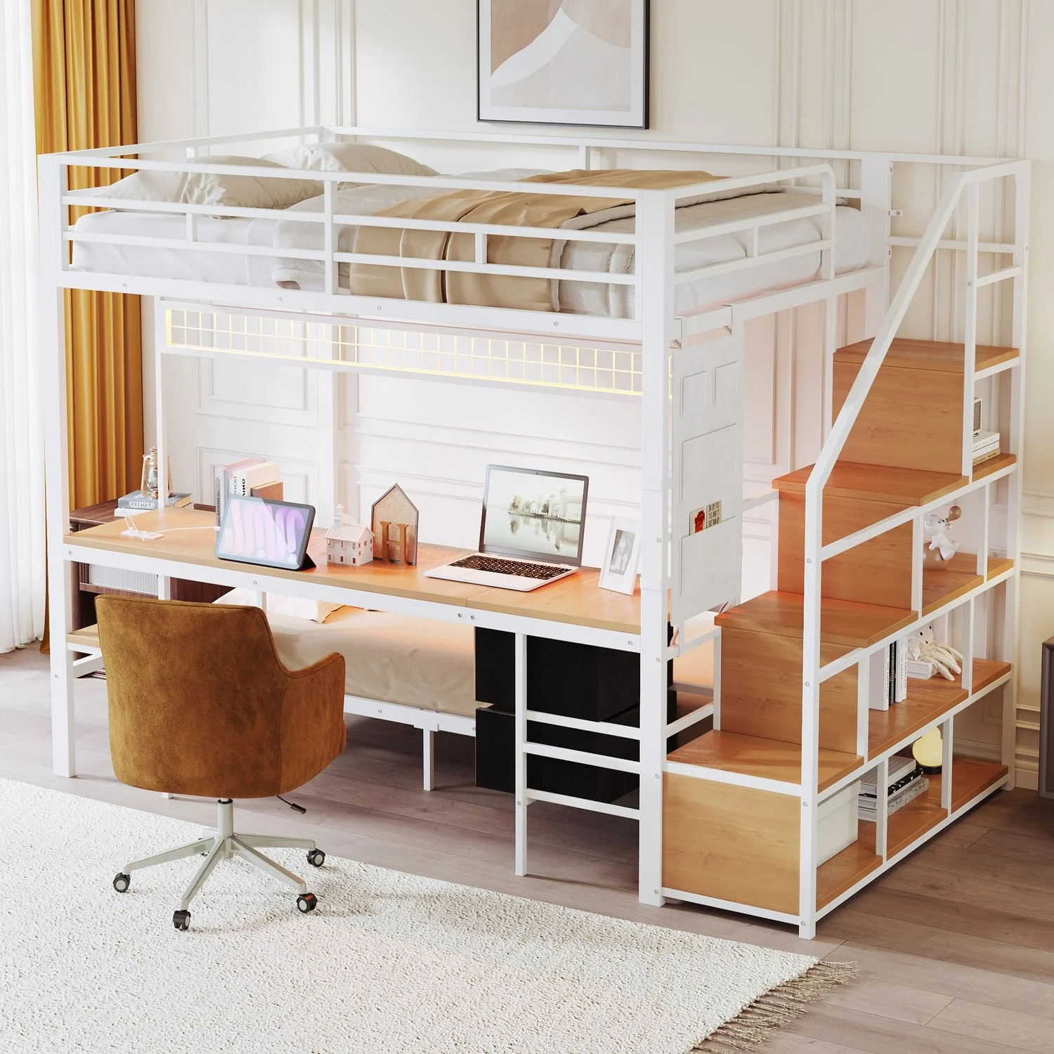 Hochbett Metall/MDF mit Schreibtisch, LED & USB-Anschluss, 247x144,5x170 cm, Weiß, ohne Matratze