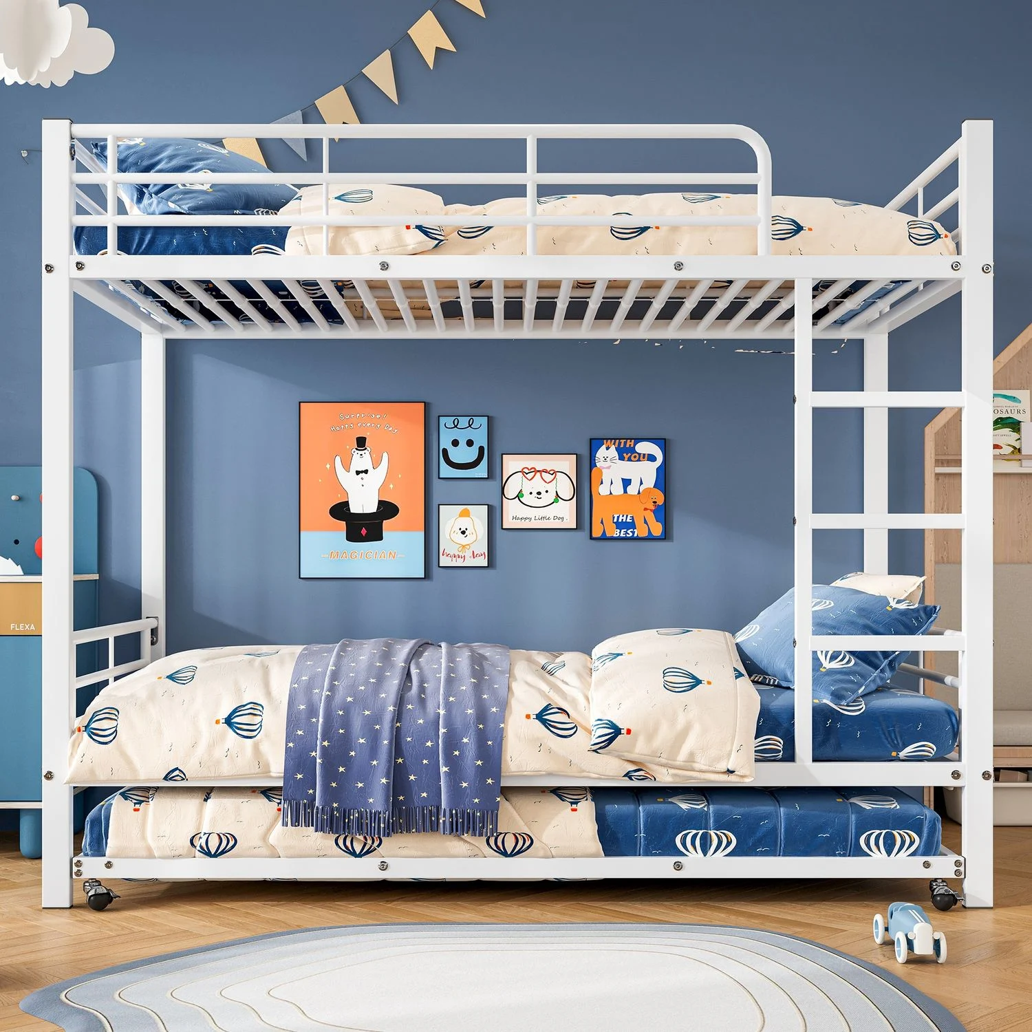 Bett 90x200/90x190 cm Etagenbett mit Ausziehbett, Weiß, Metall – platzsparend und EN-747-zertifiziert