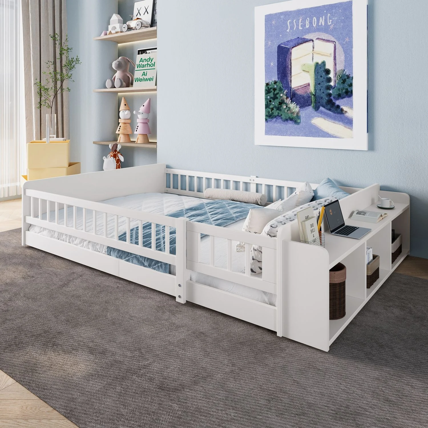 Kinderbett 140x190 cm aus Kiefernholz mit offenem Stauraum und flexiblem Rausfallschutz, weiß