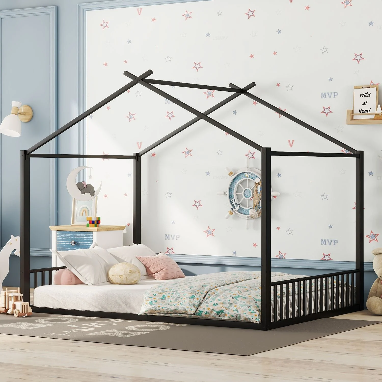 Kinderbett Metall im Hausdesign mit Lattenrost, 140x200 cm, Schwarz, ohne Matratze