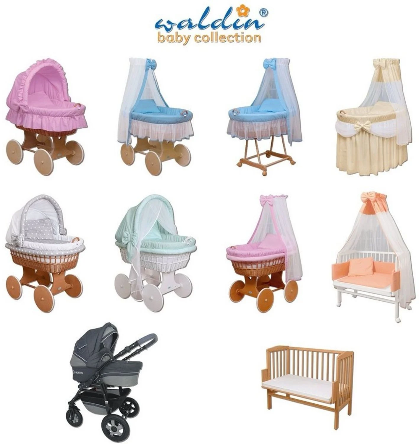 WALDIN Stubenwagen-Set mit Ausstattung, Gestell natur, Ausstattung weiß/Sterne grau