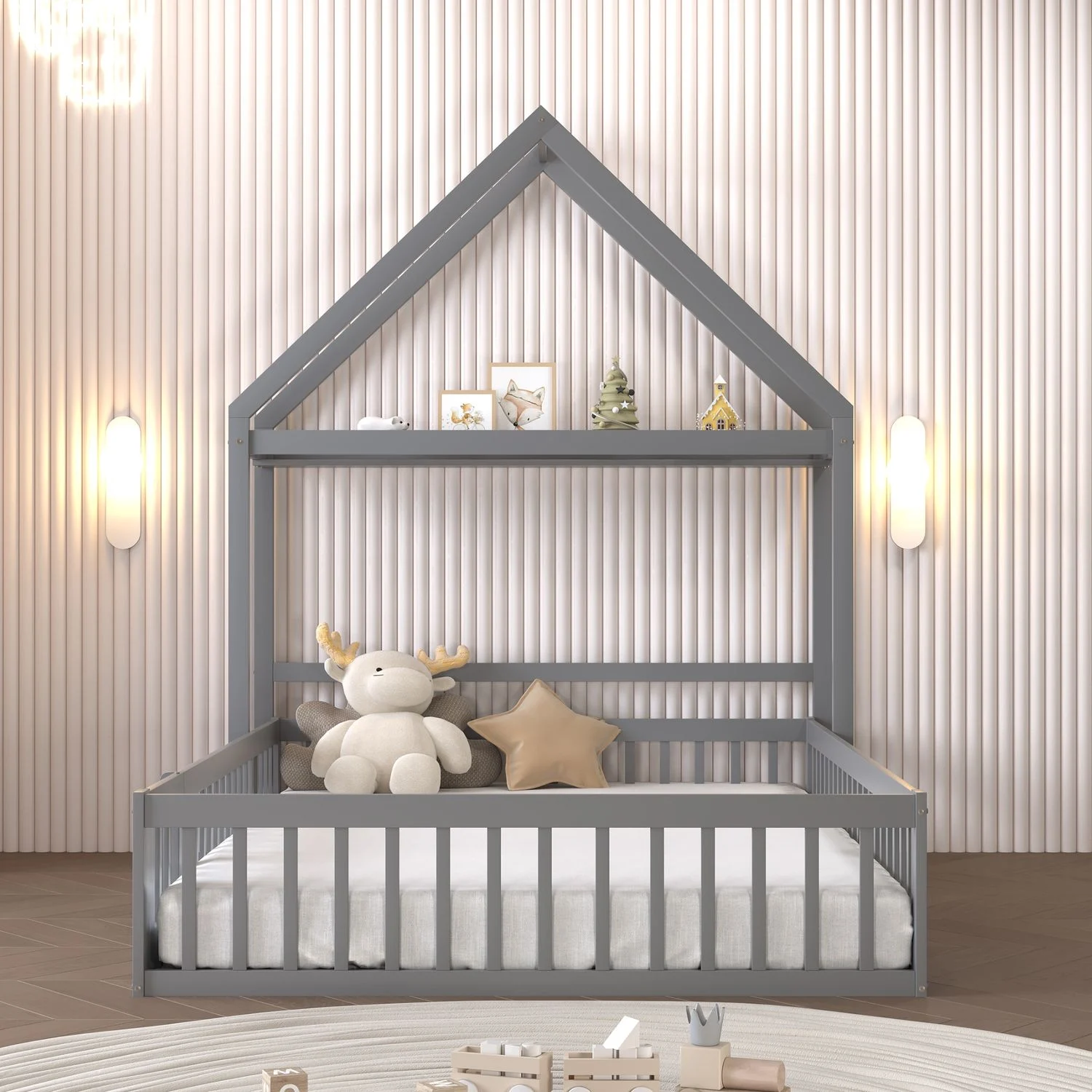 Spielhausbett Mit Abnehmbarem Dach 140x200 Kiefer Massivholz Bodenbett Mit Tür Bücherregal Kleiderstange Lattenrost 200kg Tragkraft Montessori Spielbett Großes Kinderbett