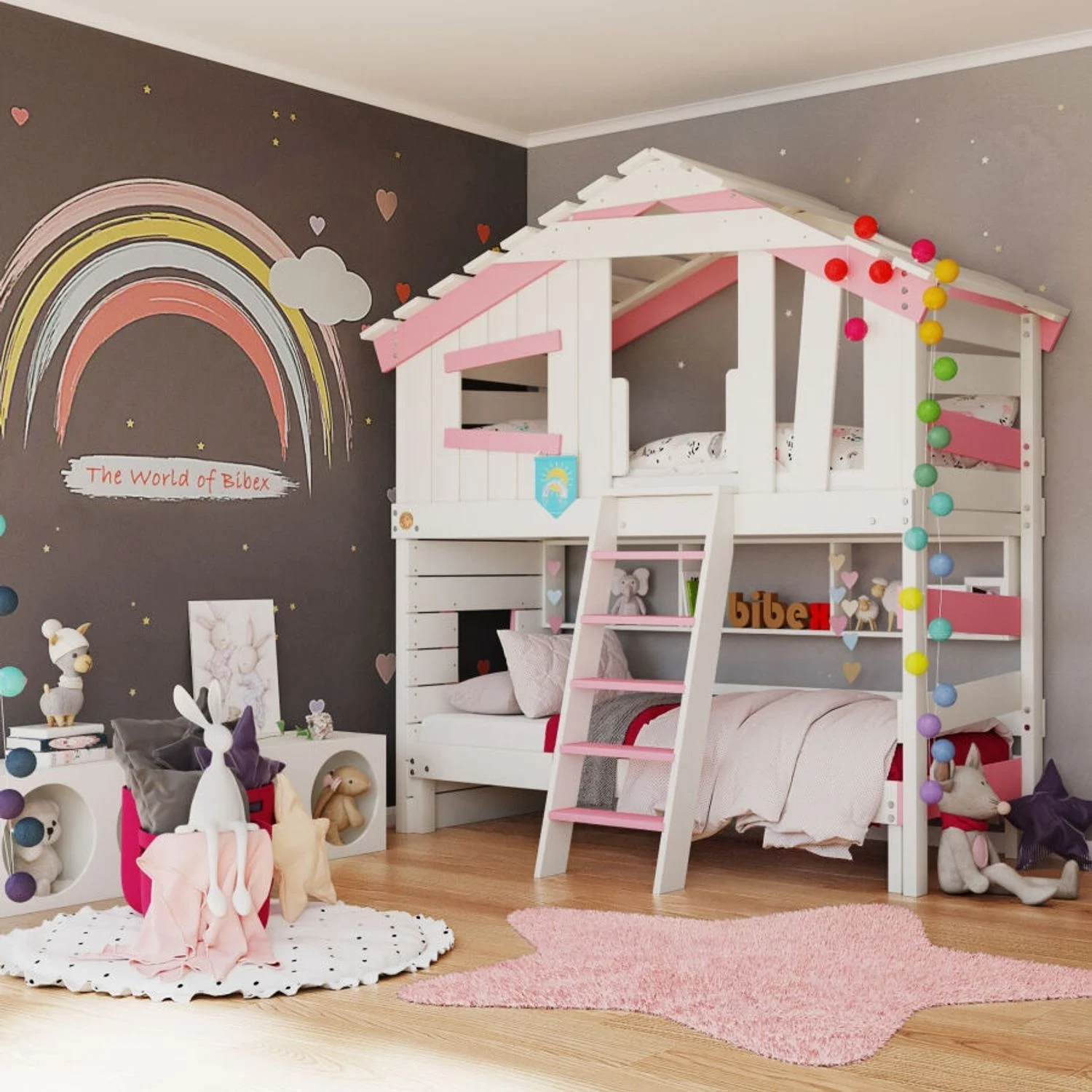 BIBEX ‘Alpin Chalet‘ Hochbett mit Unterbett und Regal, massive Kiefer, weiss/rosa, 90 x 200 cm