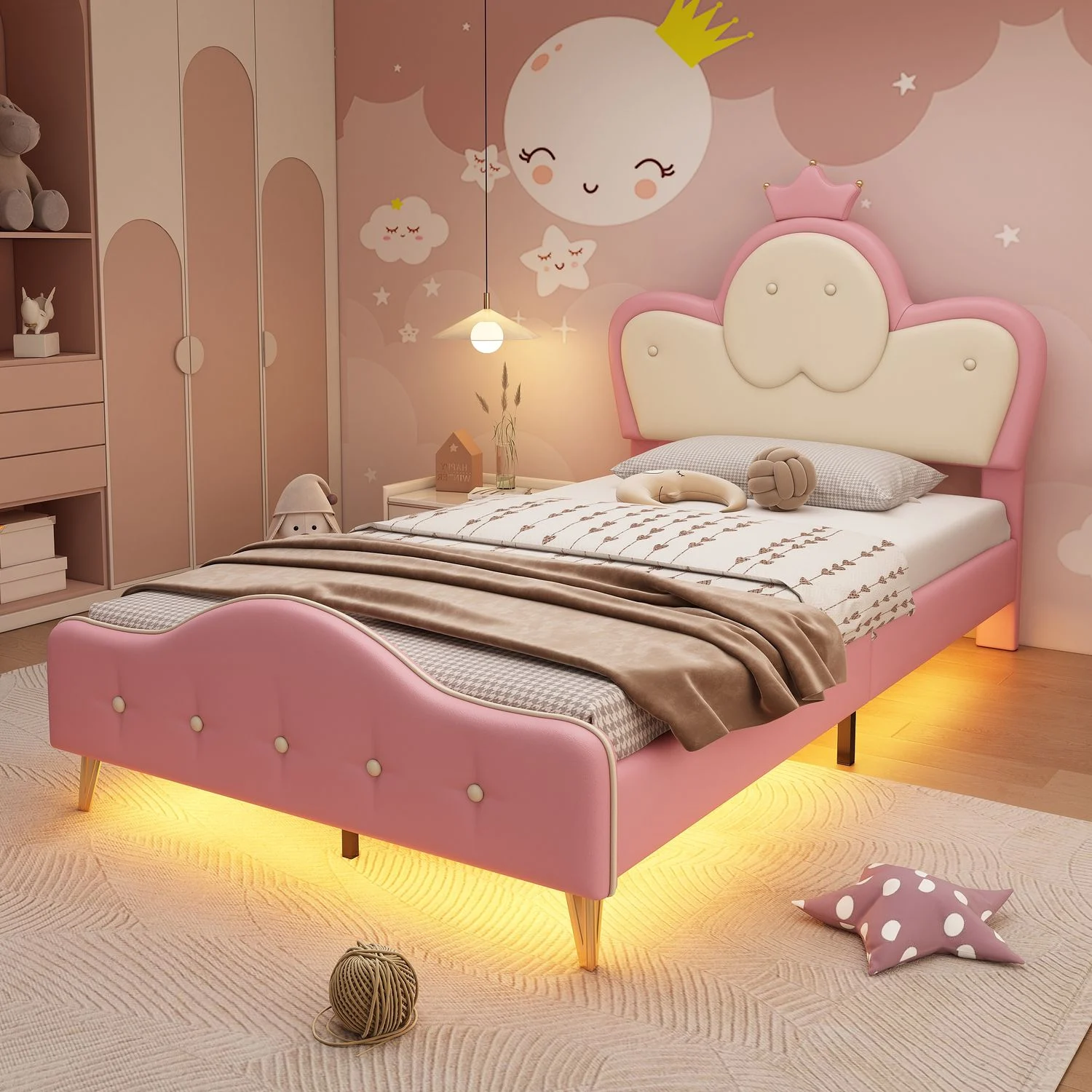 Polsterbett Kinderbett mit LED-Lichtleiste, 90x200 cm, Rosa/Weiß, ohne Matratze