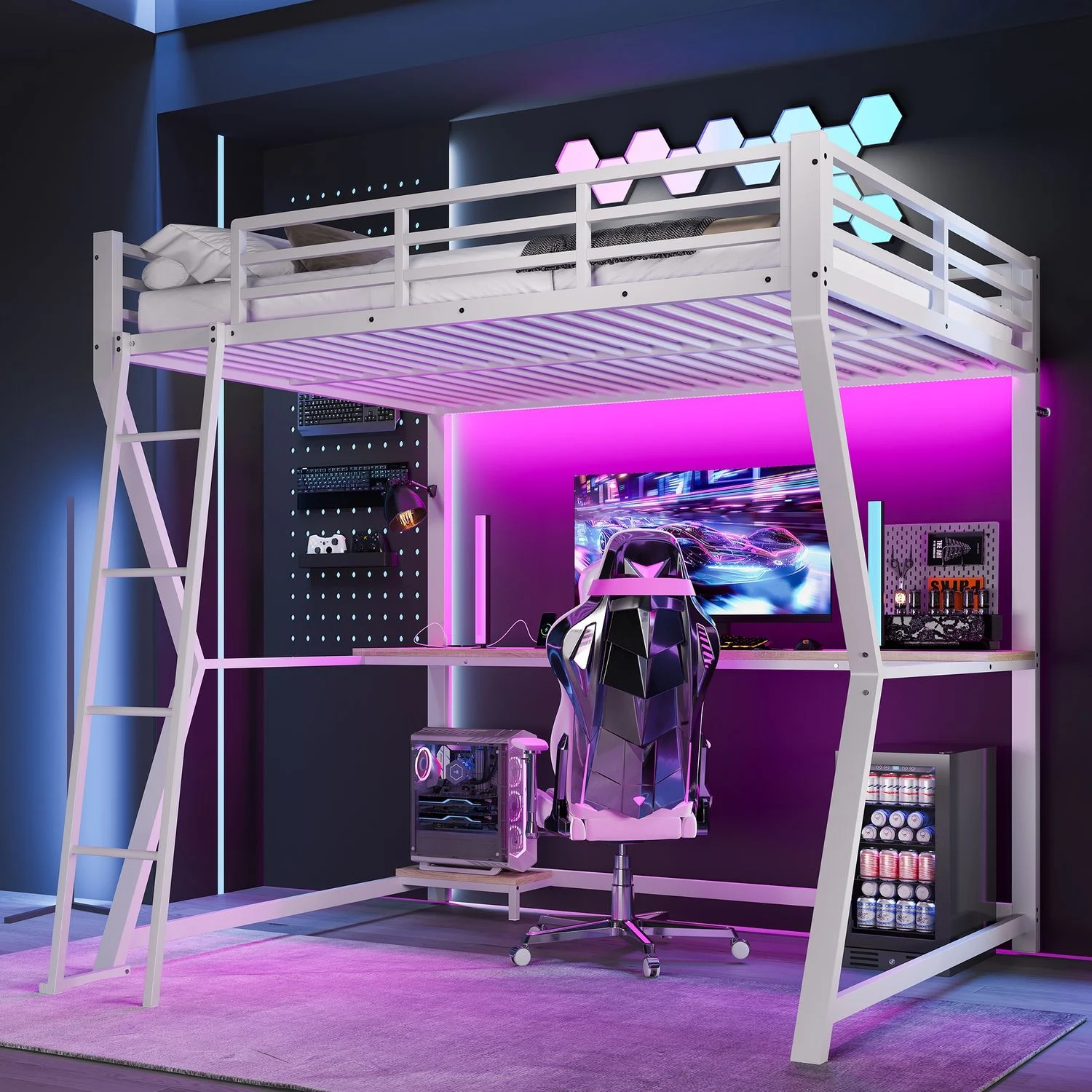 Hochbett, 140*200cm , Mit LED-Leuchten, Computerkonsolenablage, Schreibtisch, Steckdose+USB, Geländer, Treppe, ohne Matratze, Weiß