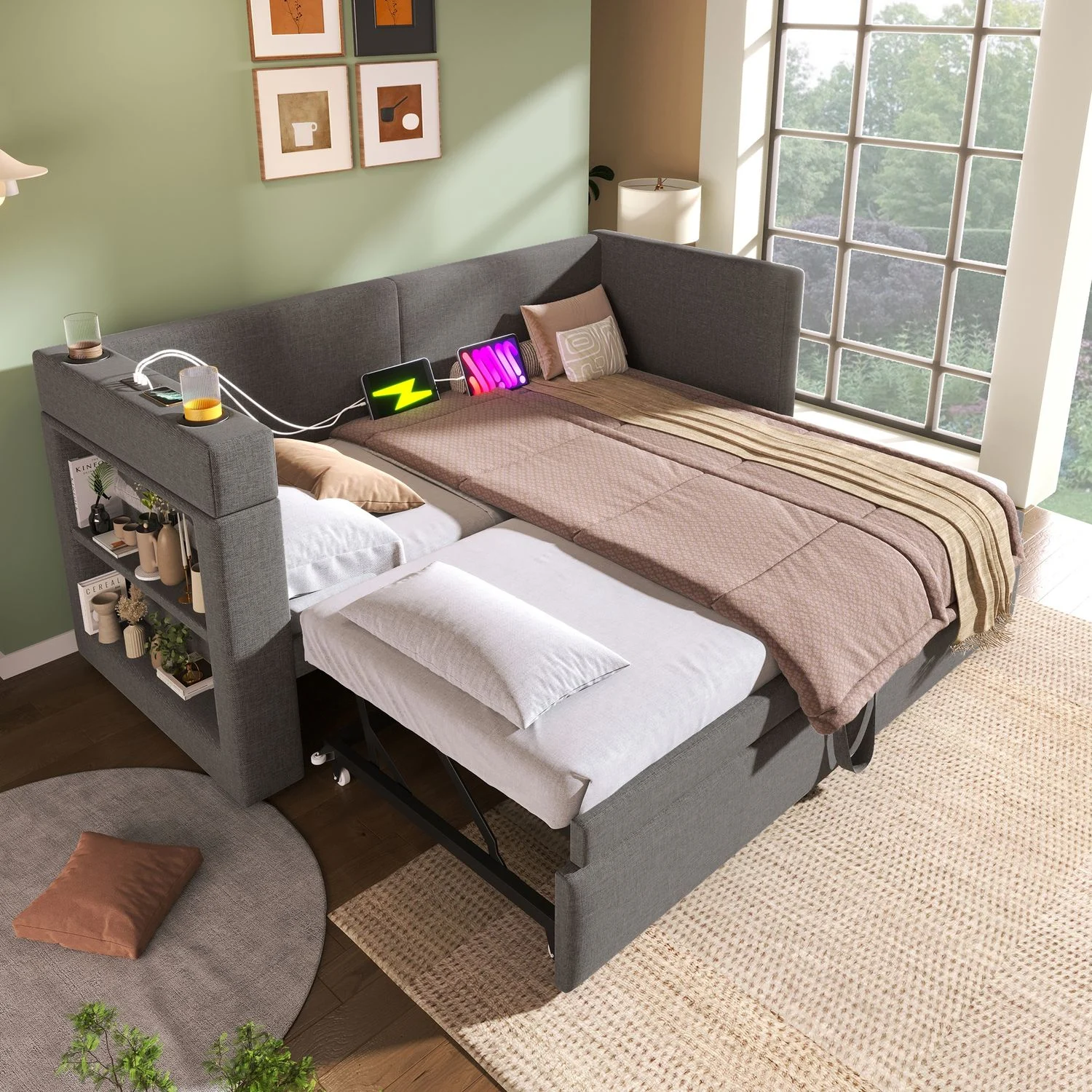 Daybett mit Ausziehbett, Baumwoll-Leinen-Mischgewebe, USB-Anschluss, 90x200 cm, Grau, ohne Matratze