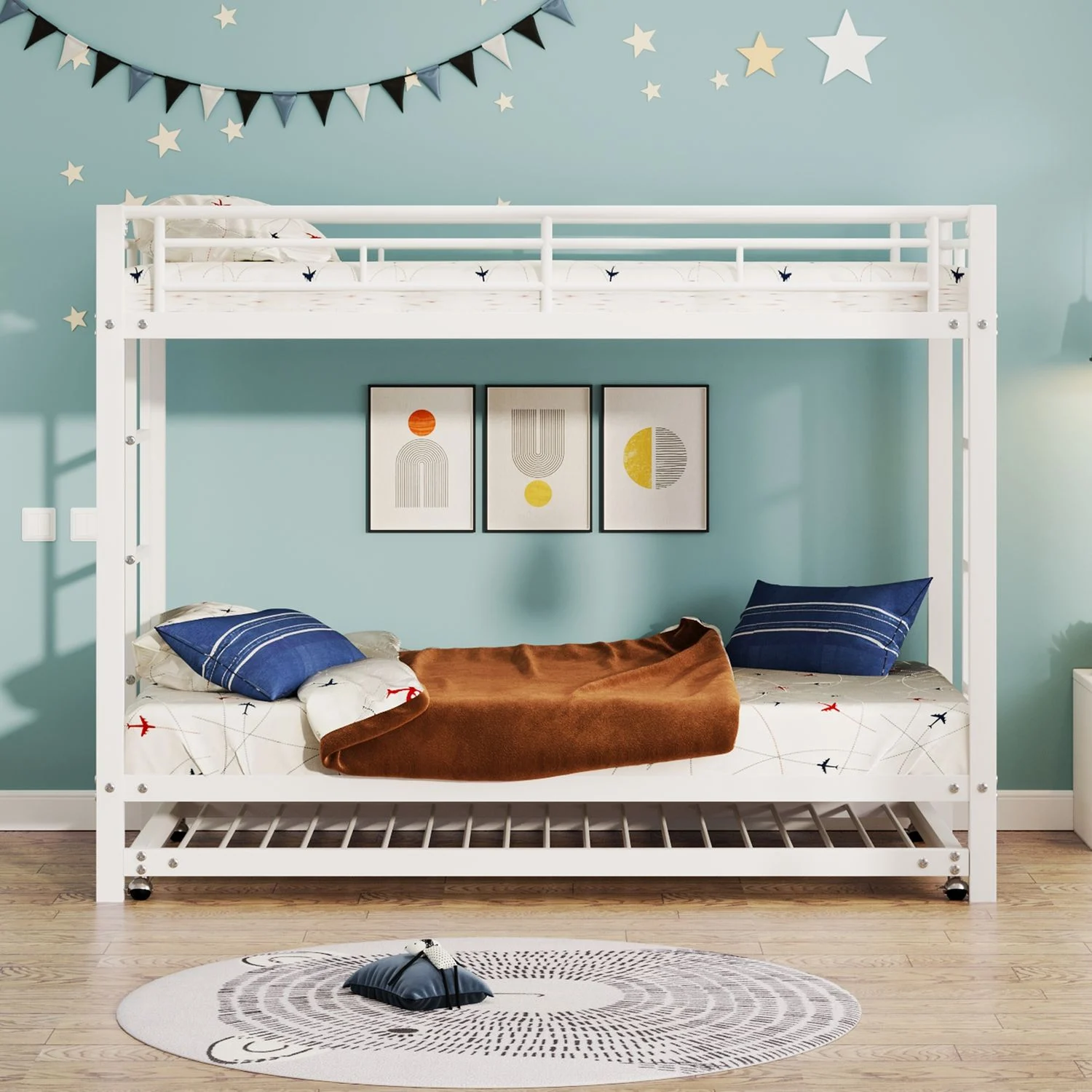 Etagenbett 90x200 cm Metall mit Ausziehbett, hohem Rausfallschutz, EN747-konform, modernes weißes Design