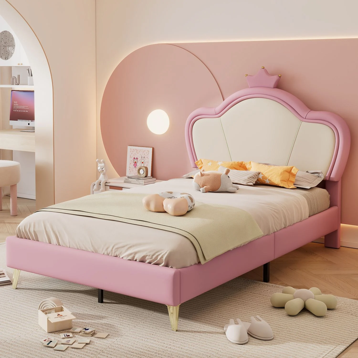 Kinderbett 90x200 cm, gepolstertes PU-Kopfteil mit Krone, weiche Schutzkanten, stabile Holz‑Metalll‑Konstruktion, Rosa/Weiß