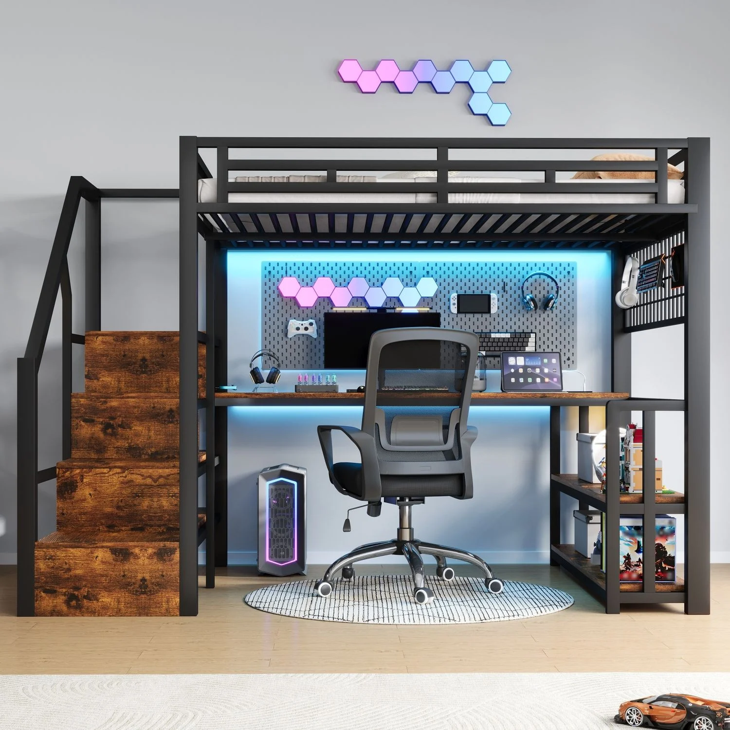 Merax Hochbett, 140 x 200 cm, Kinderbett mit Lagerregal, Hängendes Gitter, LED-Lichtleiste, Schreibtisch, Treppenkonstruktionen mit Stauraum,mit 2 USB-Anschlüssen und 1 Typ-C-Buchse, Schwarz