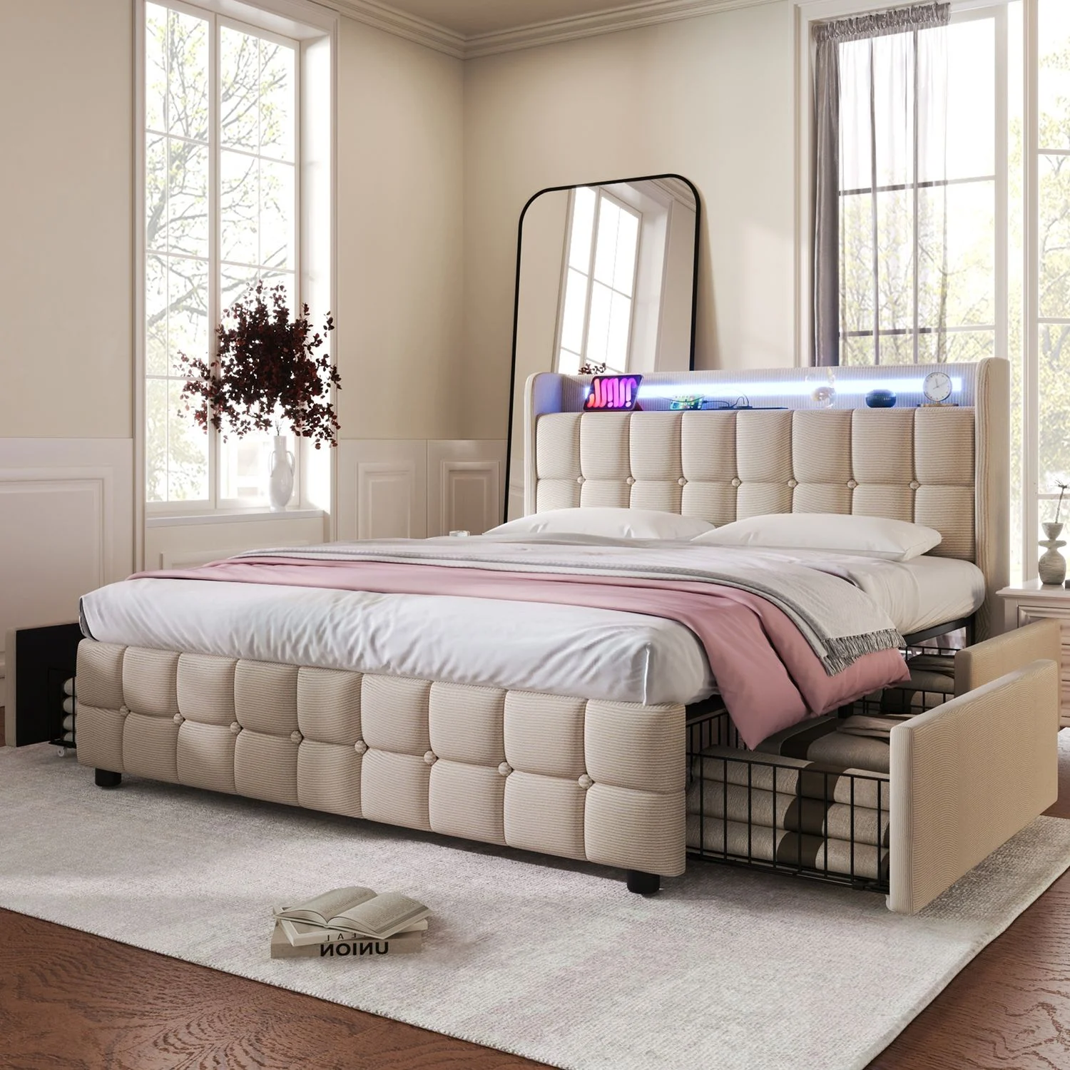 Polsterbett 160x200 cm mit 4 Schubladen, integriertem Kopfteil (Steckdosen & USB) und LED-Beleuchtung, Beige