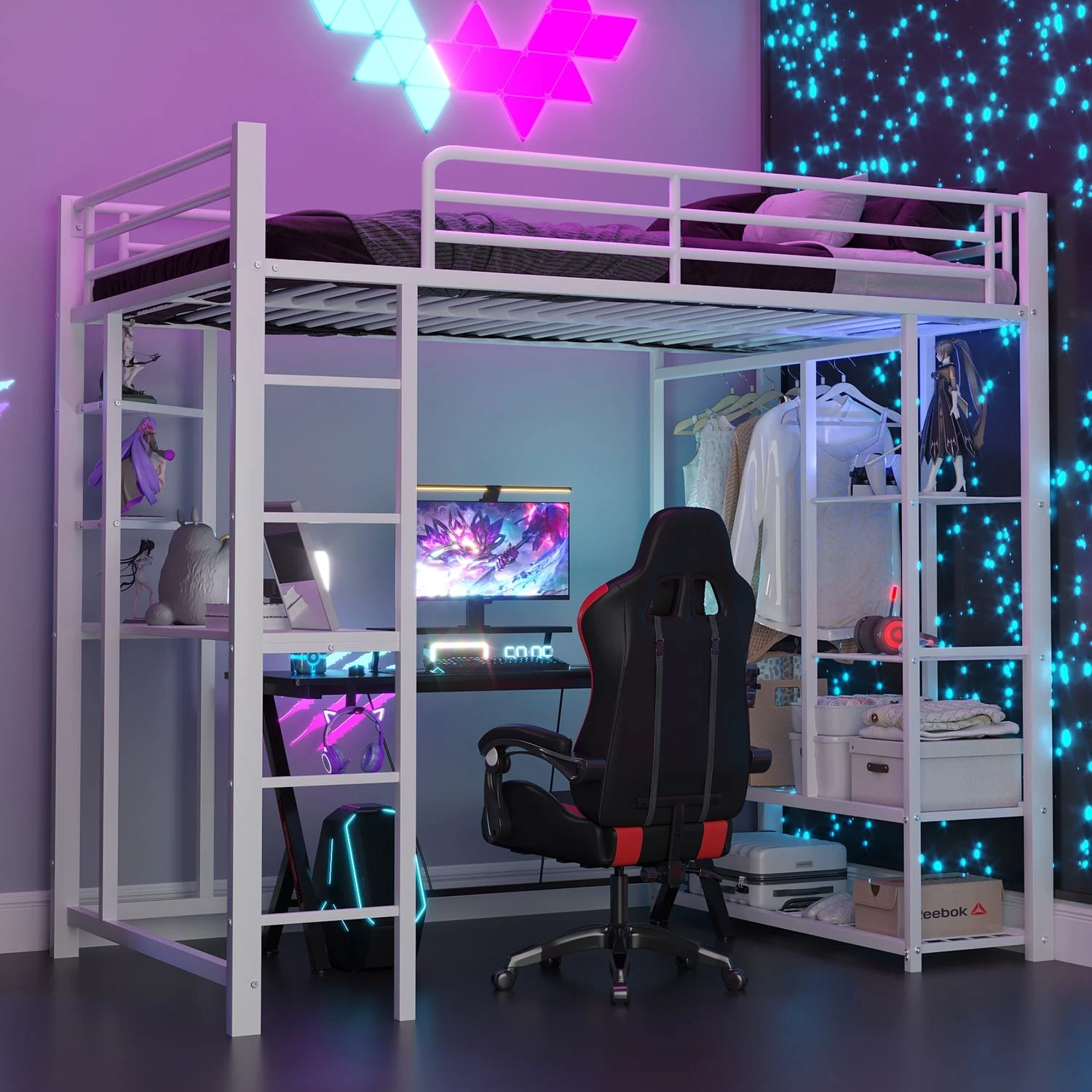 Hochbett mit Leiter 90*200cm , Einzelbett Kinderbett mit Tisch mit einfacher Aufhängung mit Ablagefächern, Weiß