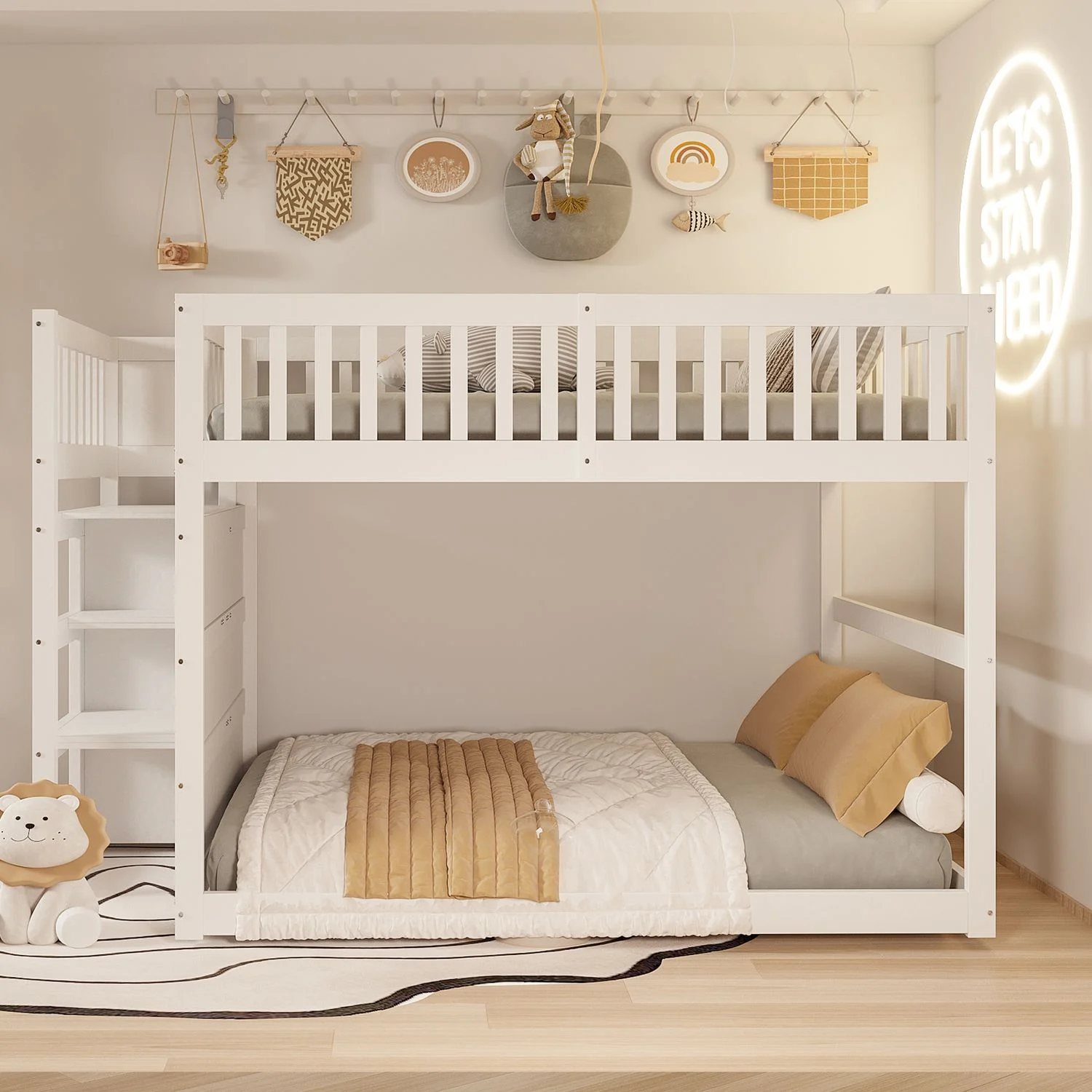 Niedriges Etagenbett Kinder Weiß 140x200 Mit Schubladen Sicherheitszaun Treppe Stauraum Kiefer Massivholz 120kg Belastbar Platzsparend Jugendzimmer Geschwisterbett Spielbereich
