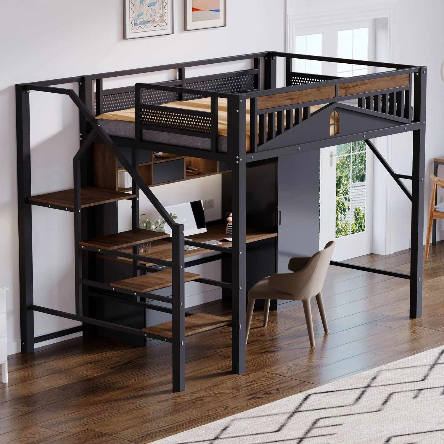 Metall-Hochbett 140 x 200 cm, Einzigartige Gehäuseform mit Fensterdesign, Mit Sicherheitsleiter, Viel Stauraum Unter Dem Bett, Schwarz