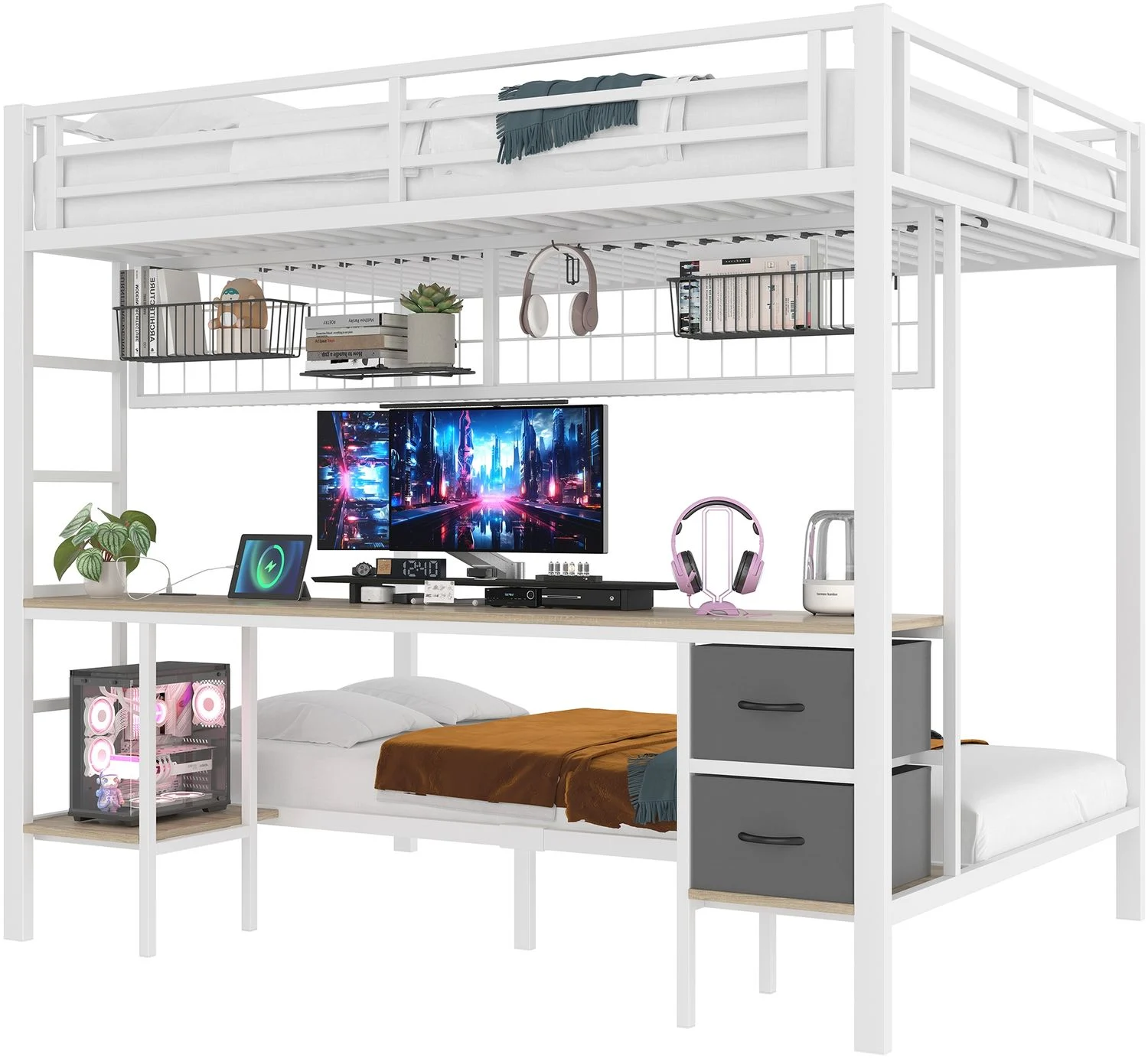 Hochbett 140x200 cm, Metallrahmen mit Schreibtisch, Schubladen & 7‑farbiger LED, Weiß